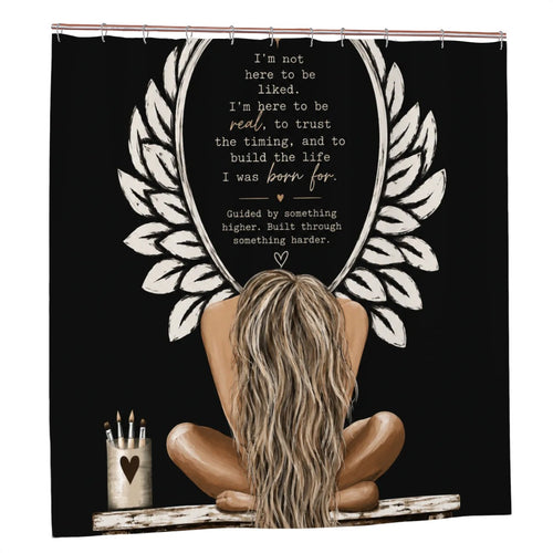Black shower curtain featuring an inspirational quote inside a white laurel wreath design.