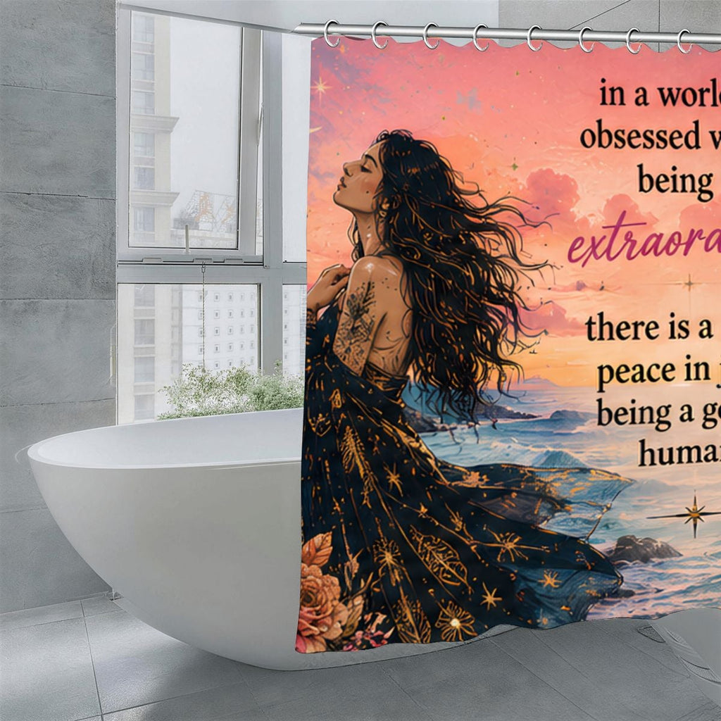 "Be a Good Human" Inspirational Shower Curtain | Coastal Sunset Bathroom Decor