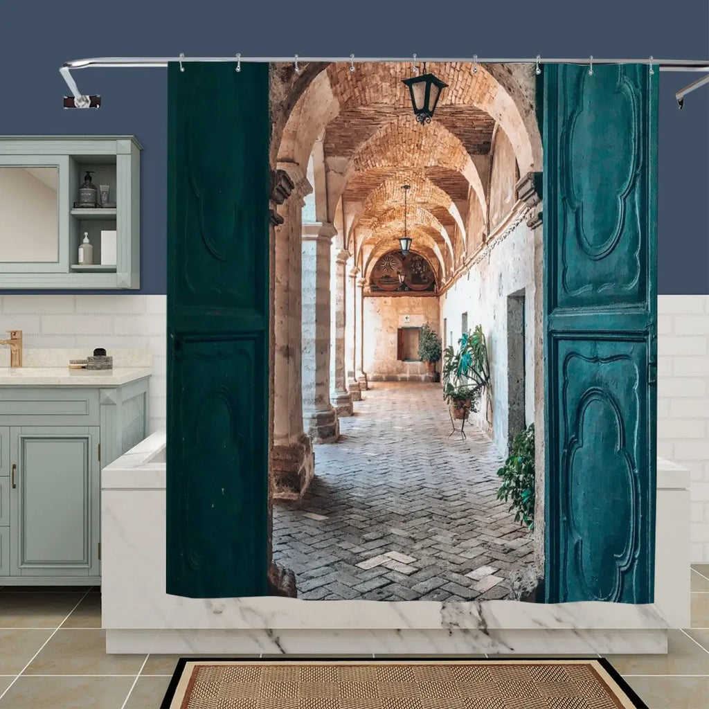 Mediterranean Archway Shower Curtain by Sandy Beach featuring a decorative bathroom decor with Mediterranean-inspired arch design.