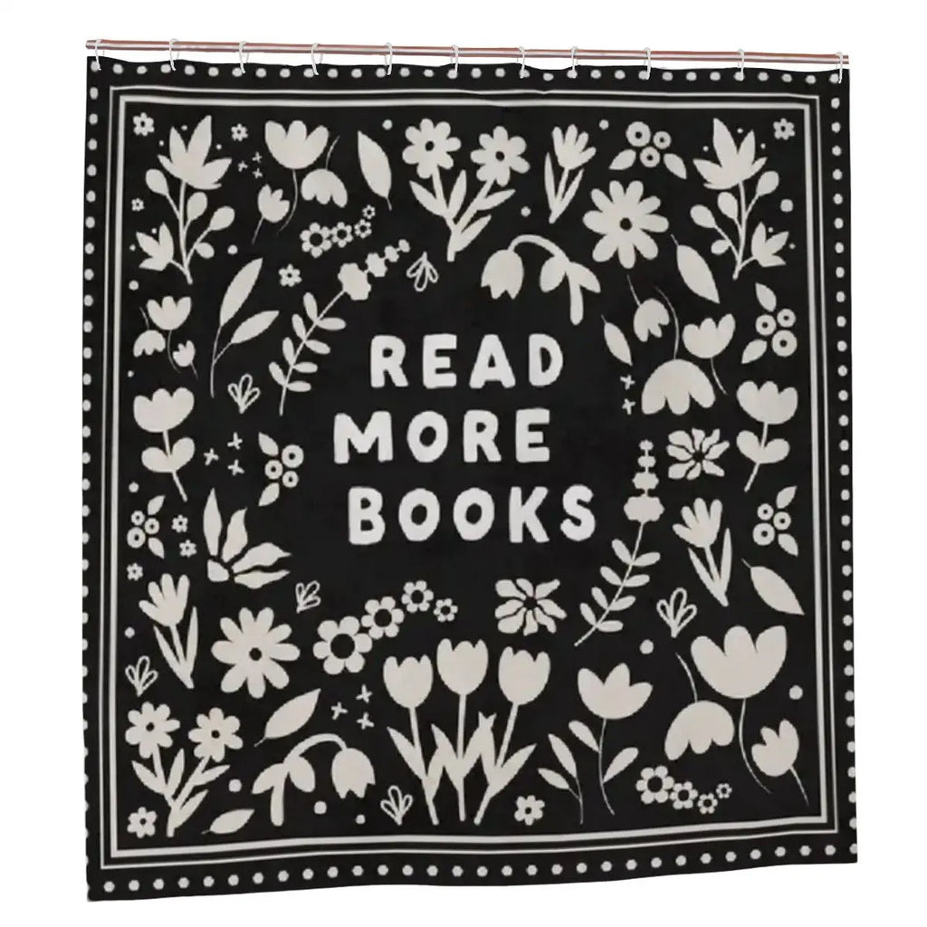 Sandy Beach Read More Books shower curtain with colorful book and quote design, perfect for bathroom decor.