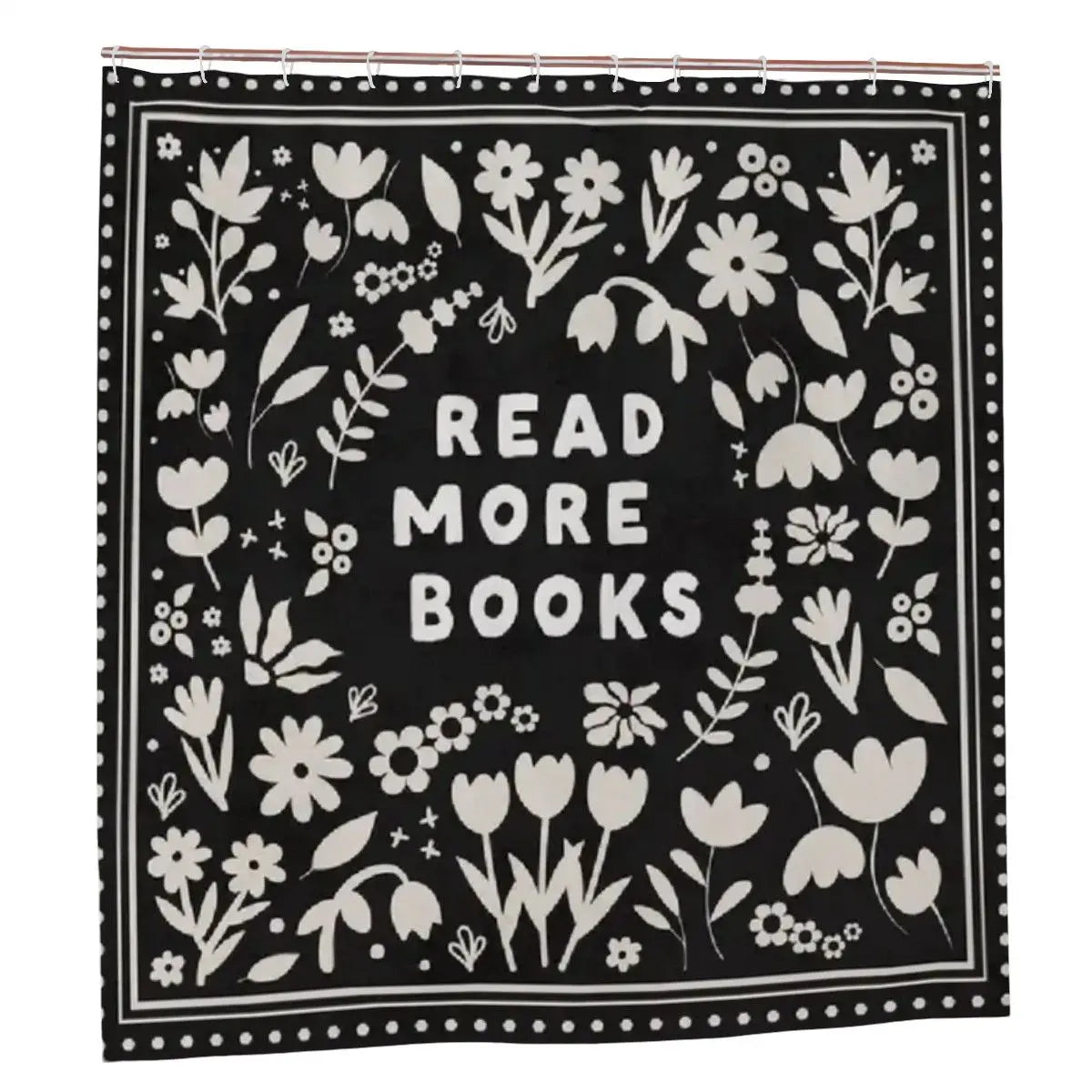 Sandy Beach Read More Books shower curtain with colorful book and quote design, perfect for bathroom decor.