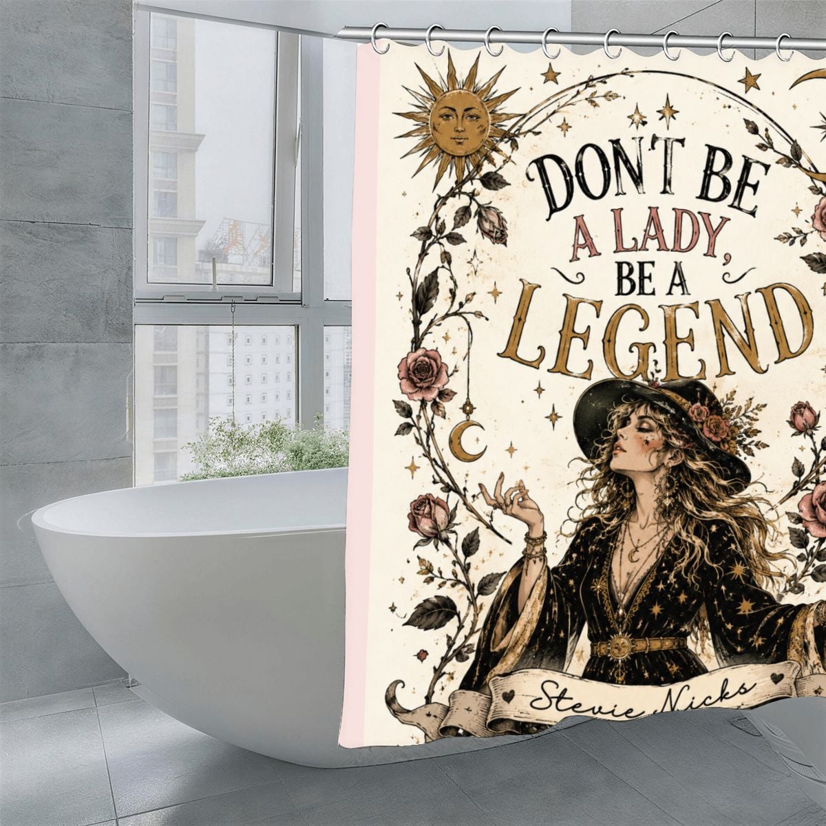 "Don't Be a Lady, Be a Legend" Stevie Nicks Shower Curtain | Boho Celestial Bathroom Decor