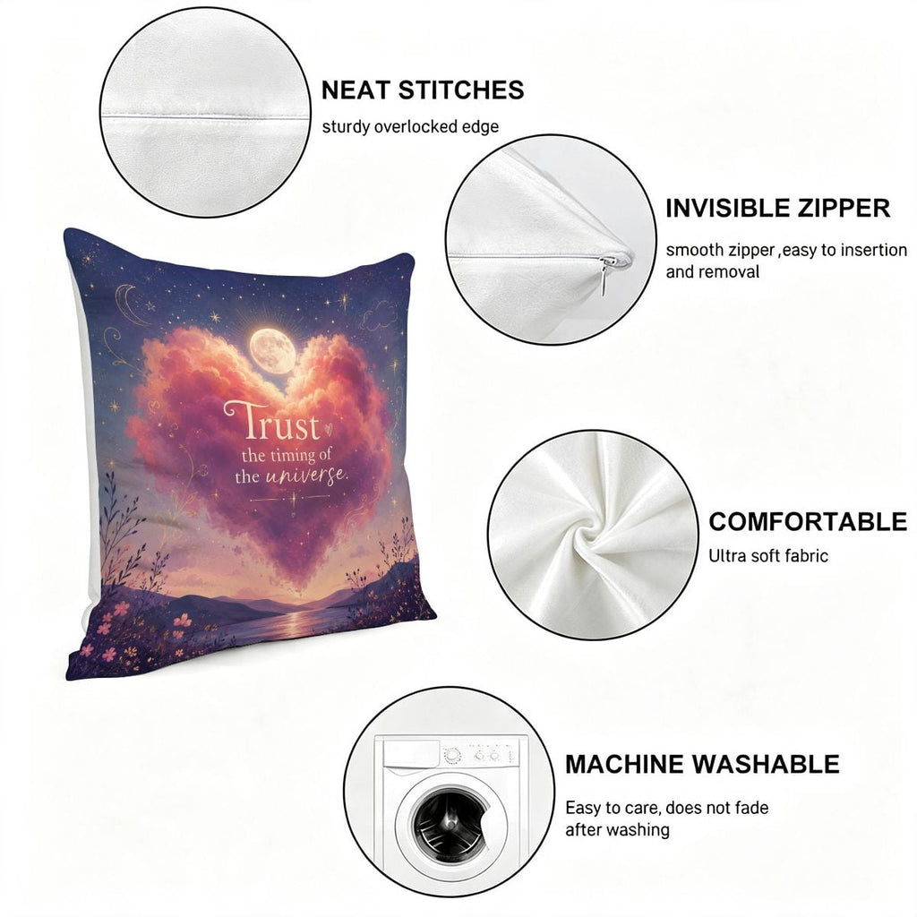 Decorative throw pillow with cosmic universe design and trust quote, featuring soft fabric.