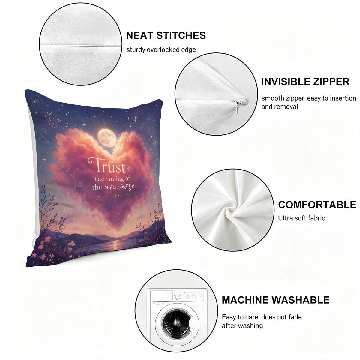 Decorative throw pillow with cosmic universe design and trust quote, featuring soft fabric.