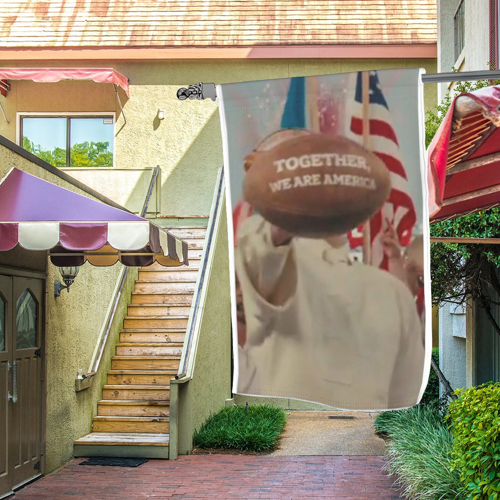 Sandy Beach "Together We Are America" football garden flag with patriotic design for outdoor garden decor.
