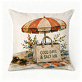 Decorative throw pillow featuring a beach scene with an umbrella, tote bag, and sunglasses.