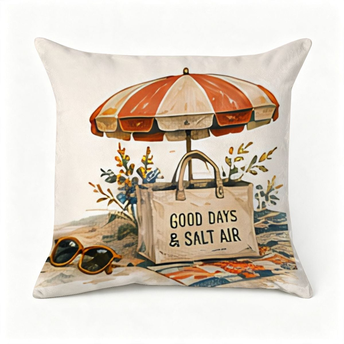 Decorative throw pillow featuring a beach scene with an umbrella, tote bag, and sunglasses.