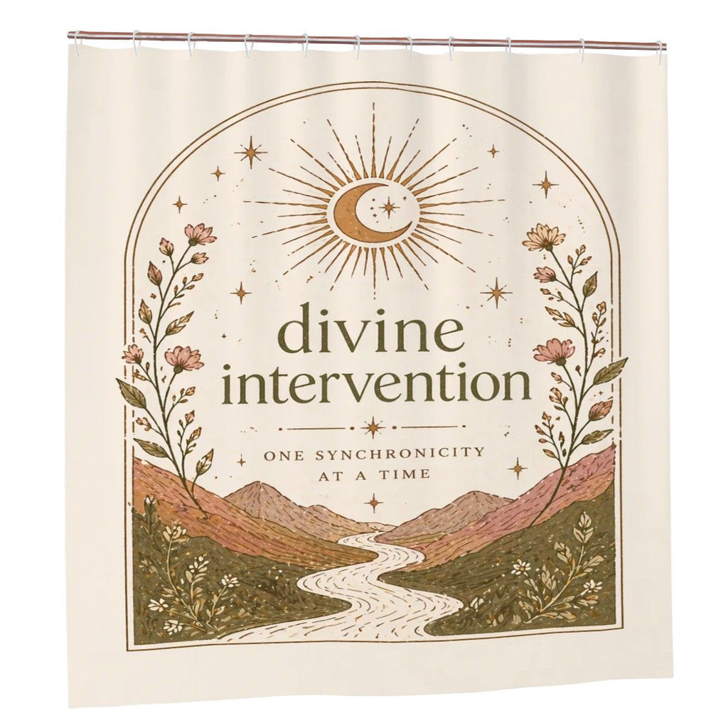 Divine Path shower curtain featuring celestial landscape design, perfect for spiritual bathroom decor by Sandy Beach.