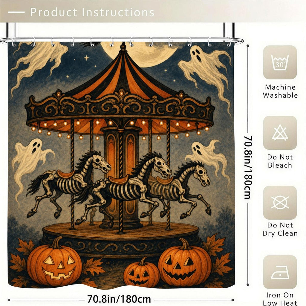 Spooky Halloween shower curtain featuring a carousel with skeleton horses and jack-o'-lanterns.