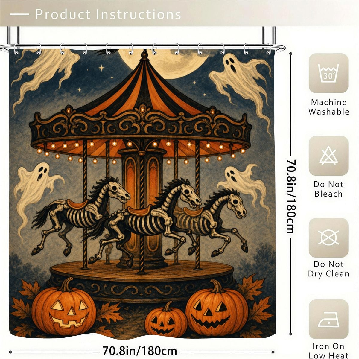 Spooky Halloween shower curtain featuring a carousel with skeleton horses and jack-o'-lanterns.