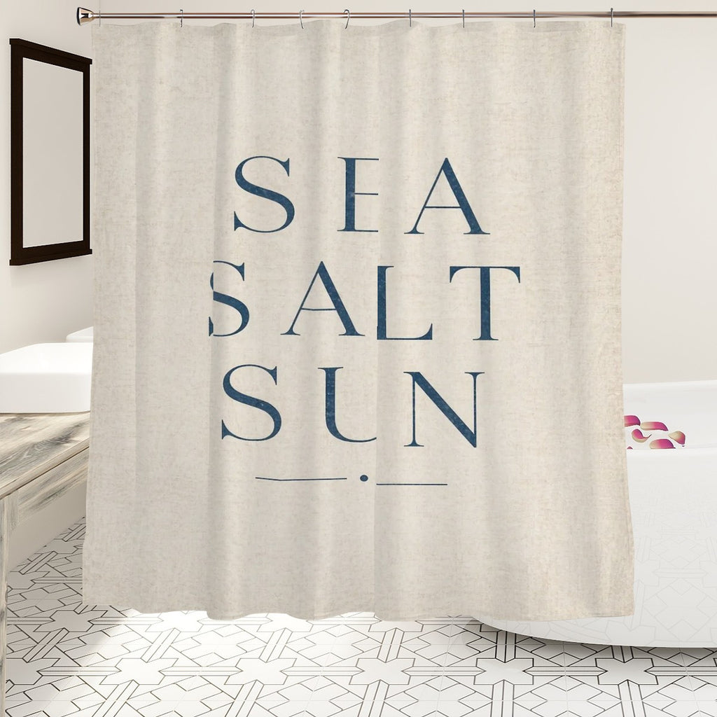 Sandy Beach bathroom decor shower curtain featuring a colorful seaside beach scene with waves and sandy shores.