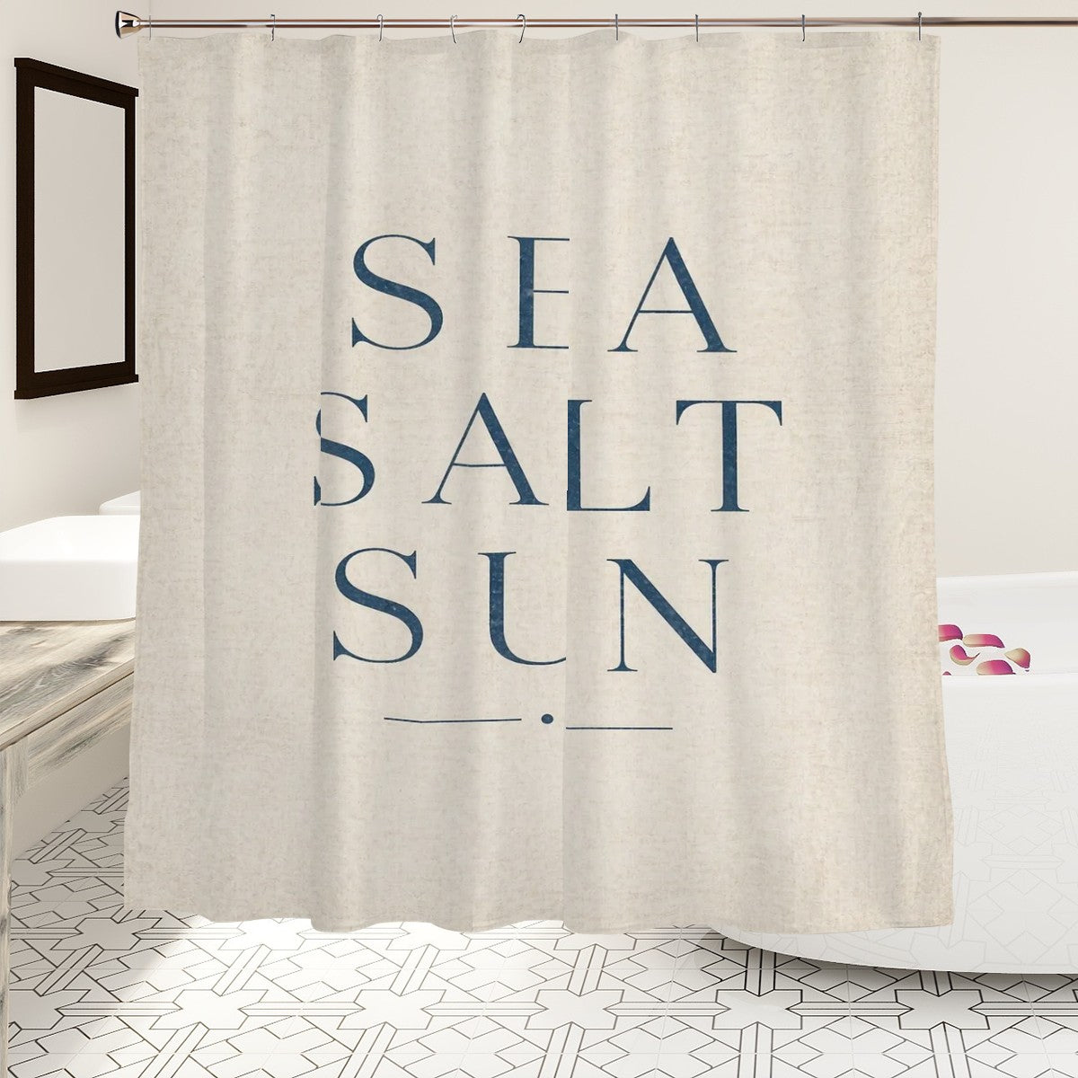 Sandy Beach bathroom decor shower curtain featuring a colorful seaside beach scene with waves and sandy shores.