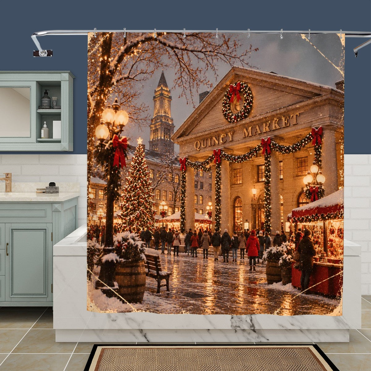 Boston Quincy Market Christmas Shower Curtain | Holiday Winter Scene