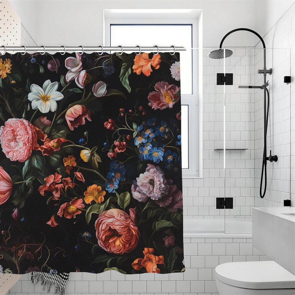 Dark floral shower curtain with vintage style pink and white roses on a black background.
