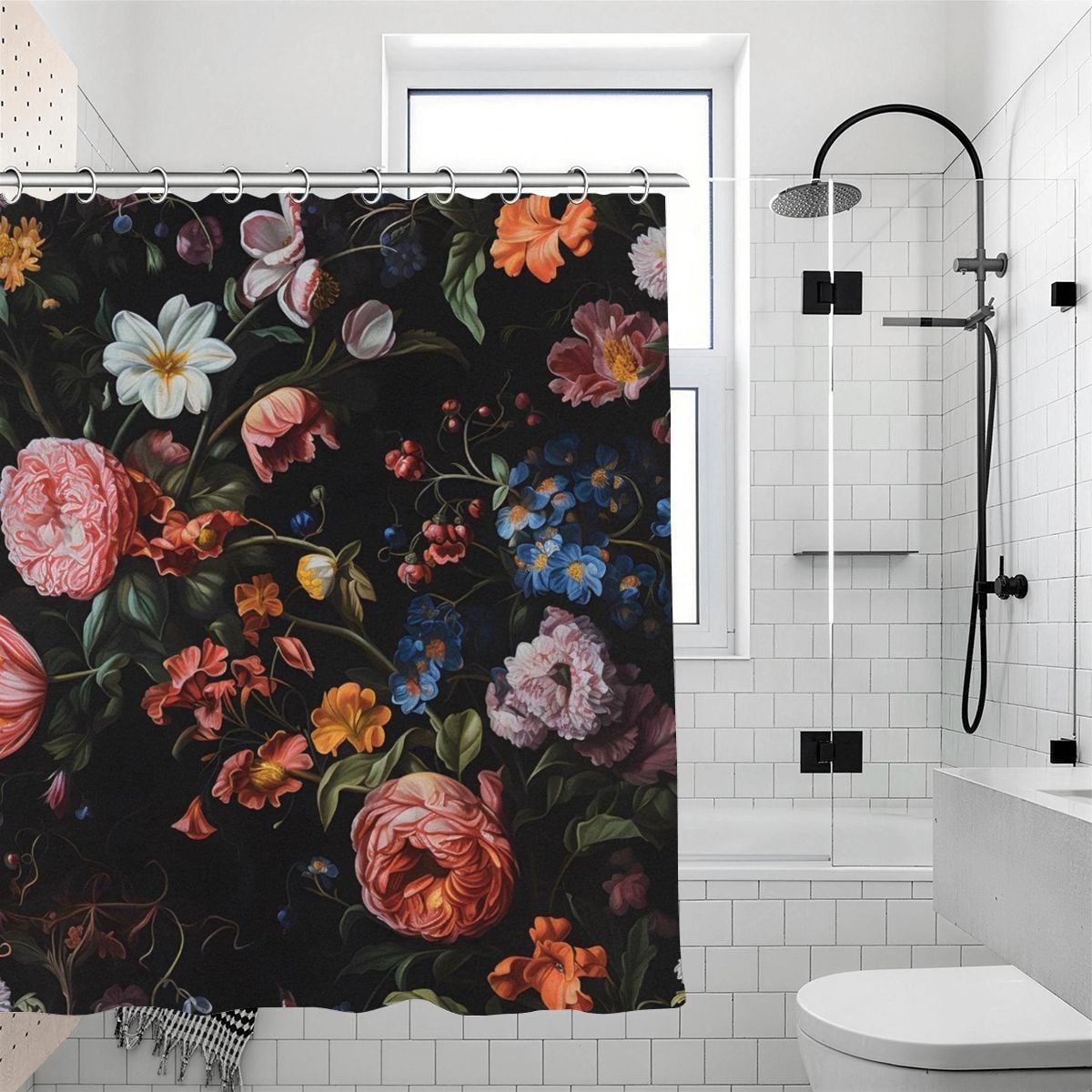 Dark floral shower curtain with vintage style pink and white roses on a black background.