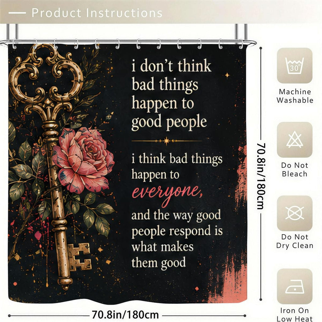 Black shower curtain featuring an antique gold key, pink rose, and inspirational quote.