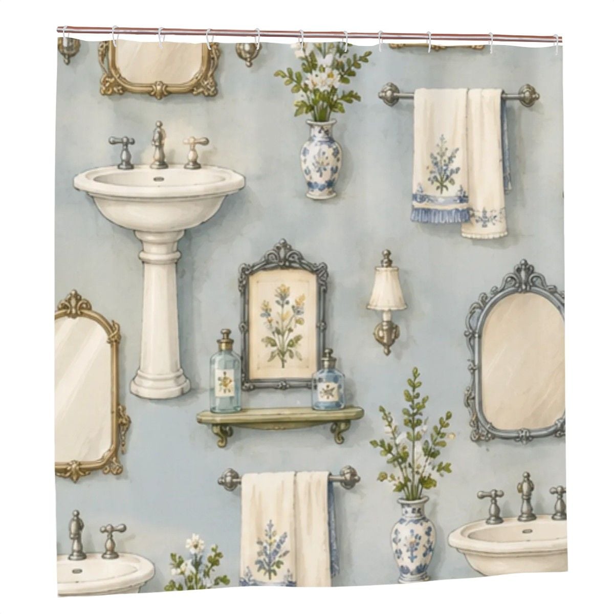 French Provencal Shower Curtain – Sunny Yellow Lavender Delft Pedestal Sink Bathroom Decor