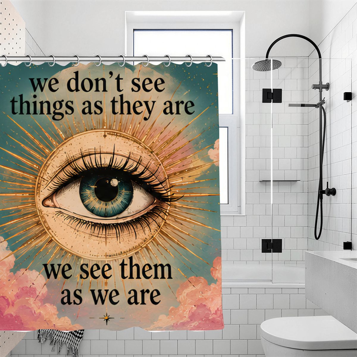 Boho shower curtain featuring a large eye illustration and inspirational quote on pink clouds.
