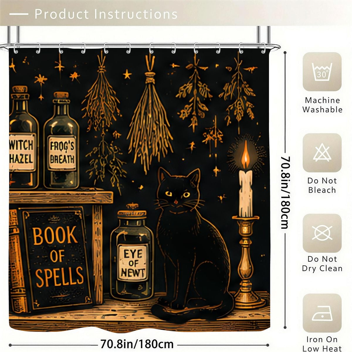 Witchy aesthetic shower curtain featuring a black cat, book of spells, and magical potions.