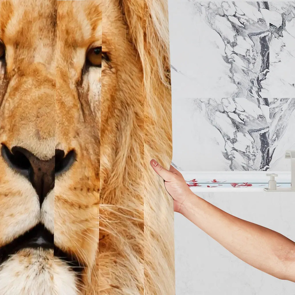 Sandy Beach Majestic Lion Face Shower Curtain with detailed lion image, perfect for bold bathroom decor.