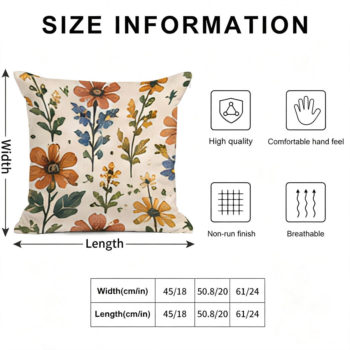 Size chart for floral patterned throw pillow showing width and length dimensions.