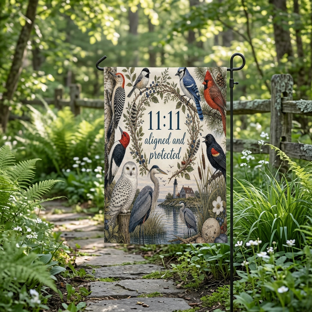 11:11 bird garden flag in a woodland cottage garden