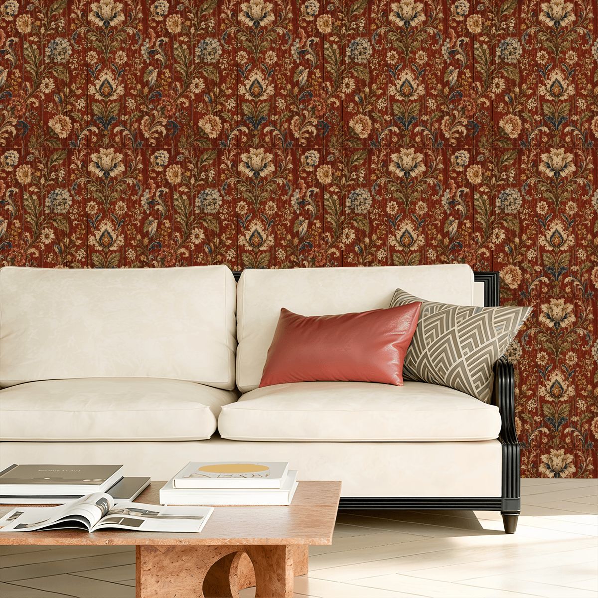 Cream sofa with red and geometric pillows against vintage floral patterned wallpaper.