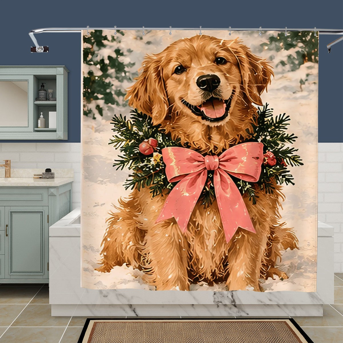 Golden Retriever Christmas Shower Curtain | Pink Bow & Winter Evergreens