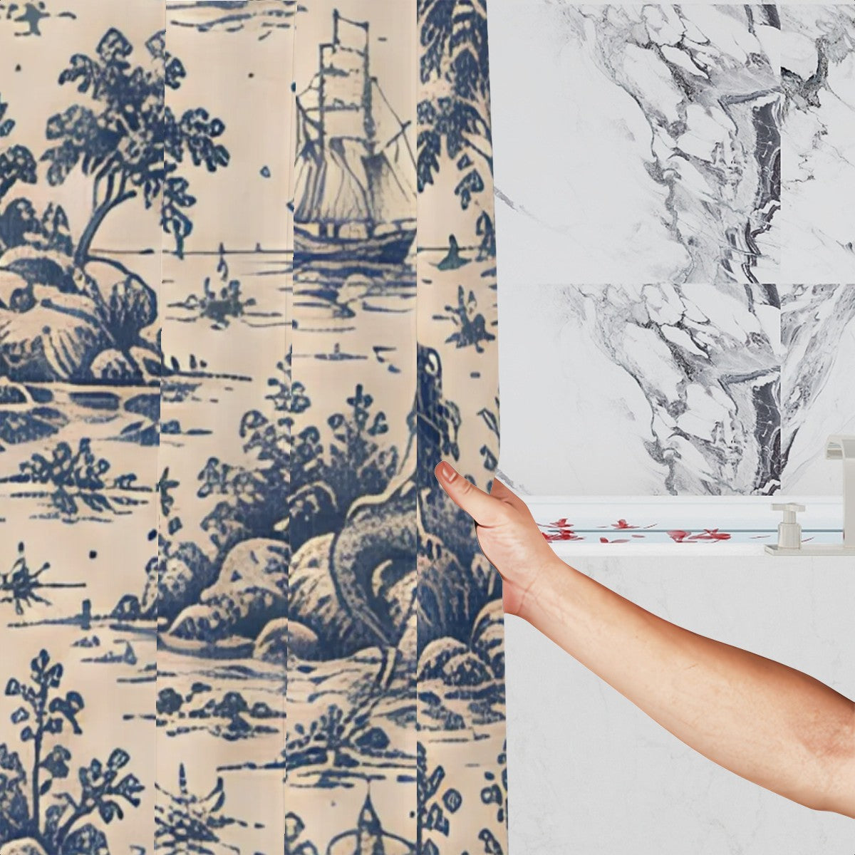 Blue and white toile patterned shower curtain featuring nautical ship and landscape scenes.