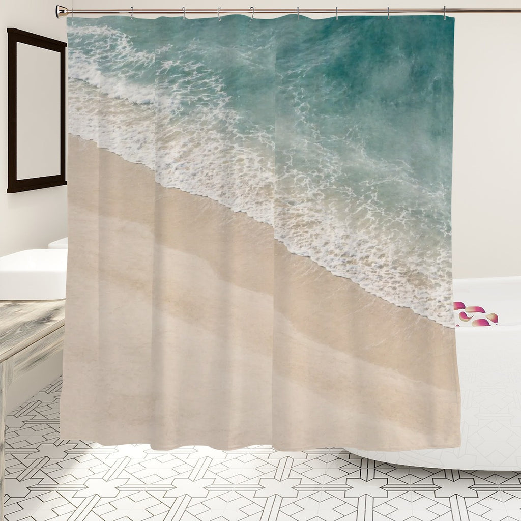 Sandy Beach bathroom decor shower curtain with ocean-themed design, featuring waves and sandy coast for a beach-inspired look.