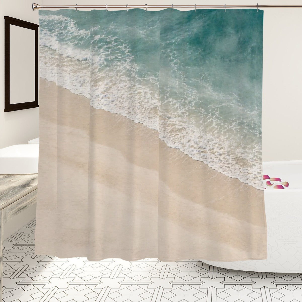 Sandy Beach bathroom decor shower curtain with ocean-themed design, featuring waves and sandy coast for a beach-inspired look.