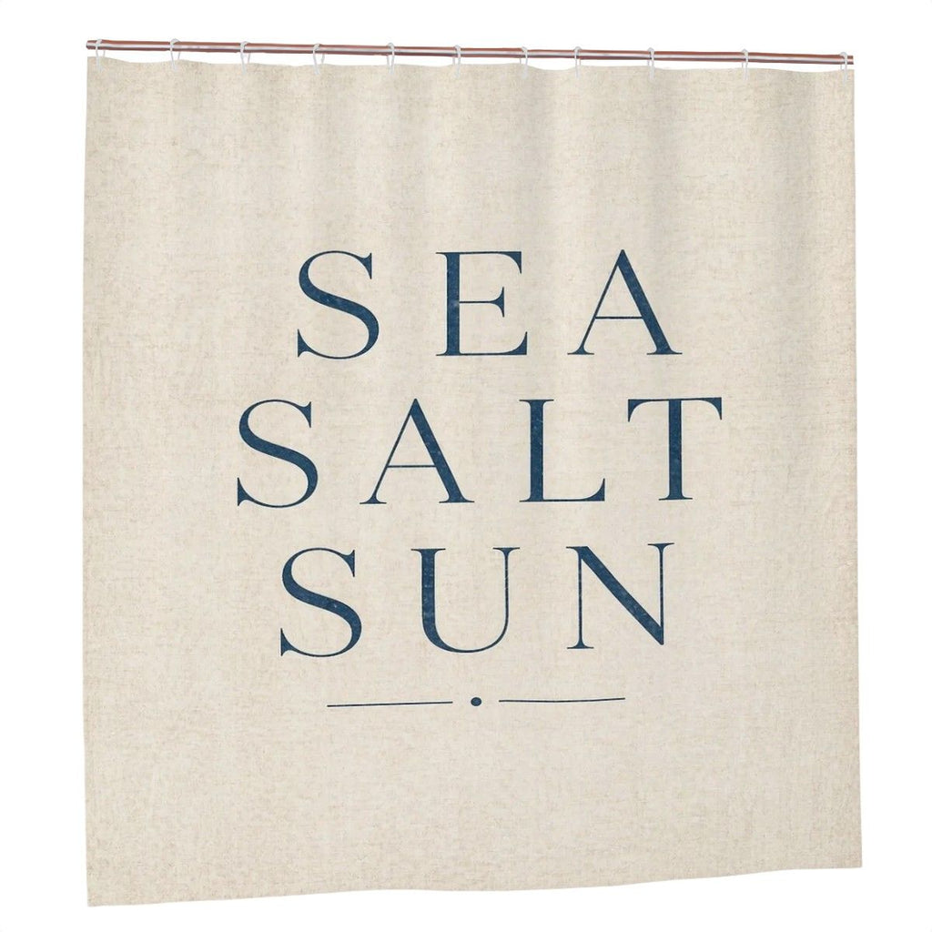 Beach-themed Sandy Beach bathroom decor shower curtain with ocean waves and sandy shore design for a coastal look.