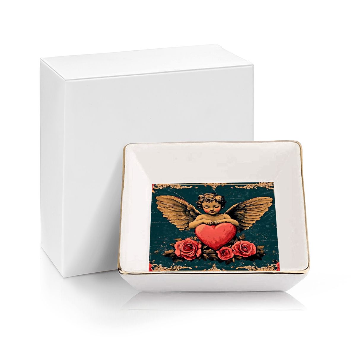 Cupid Gold Trim Ceramic Jewelry Dish