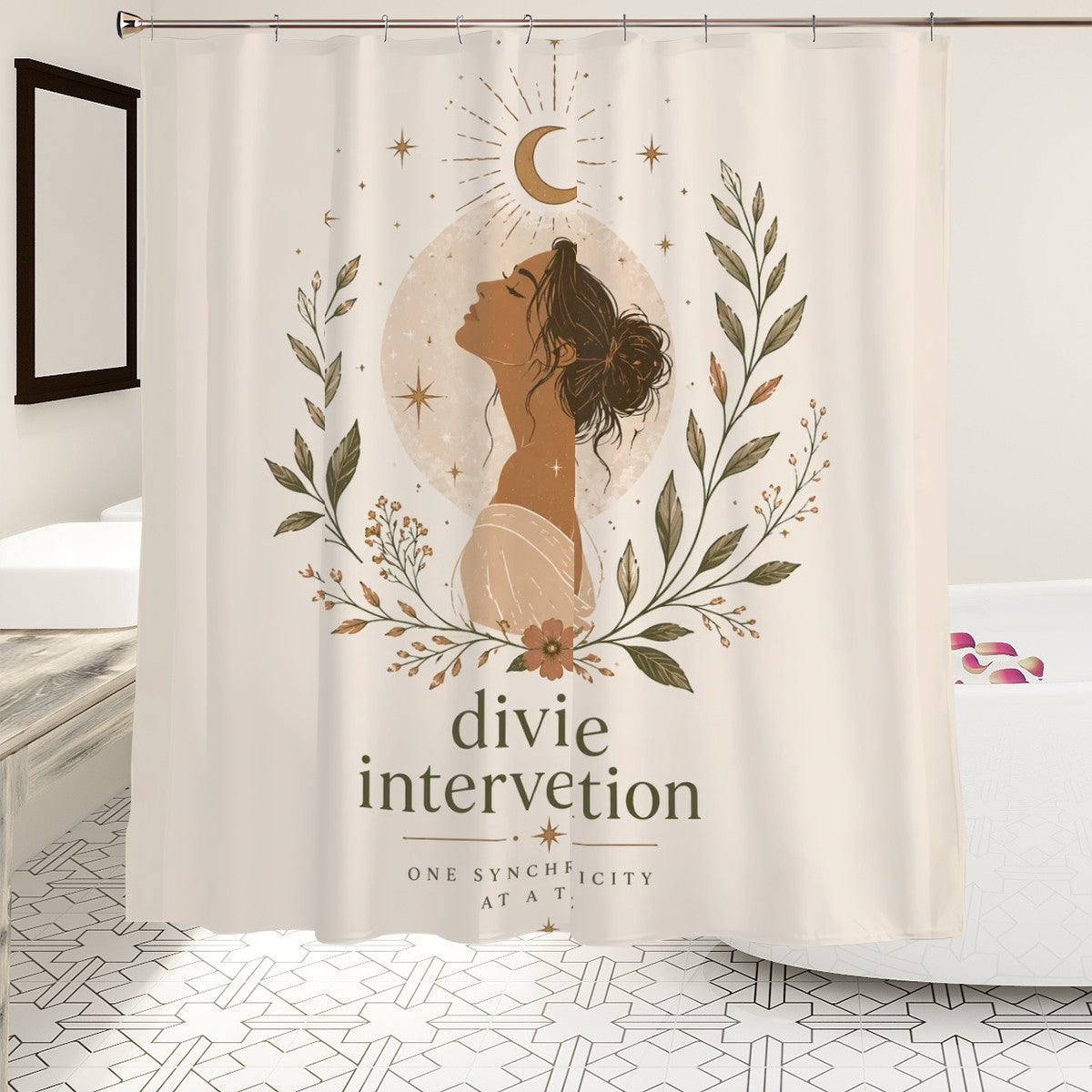 Divine Feminine Shower Curtain by Sandy Beach featuring a woman silhouette for spiritual self-care bathroom decor.