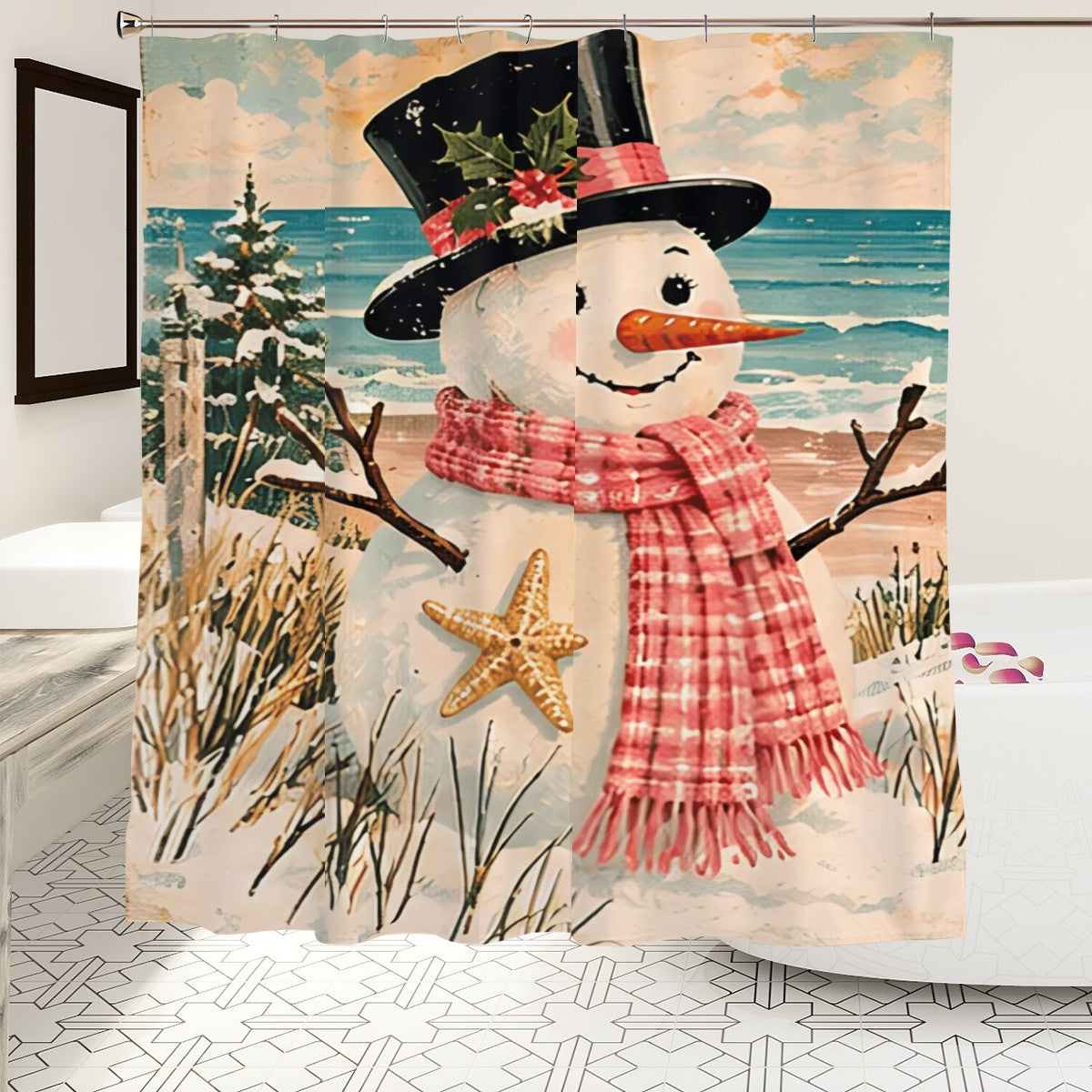 Coastal Snowman Christmas Shower Curtain | Starfish & Pink Plaid Scarf