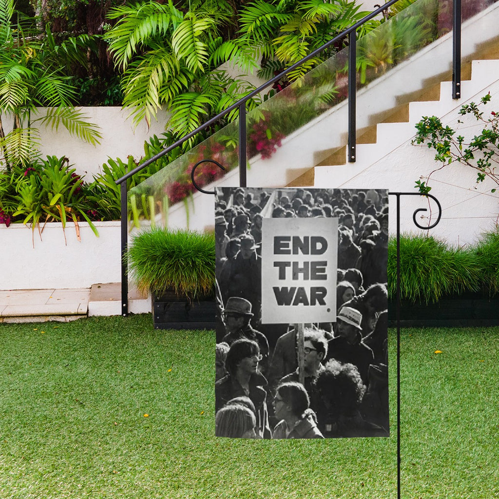Sandy Beach End The War protest garden flag with peace symbol and vibrant design, ideal for outdoor garden decor display.