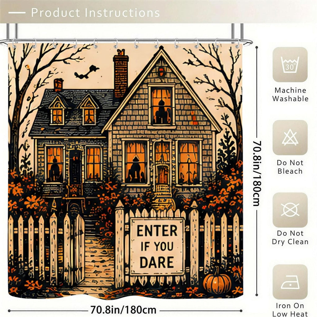 Spooky Halloween shower curtain featuring a haunted house and Enter If You Dare sign.