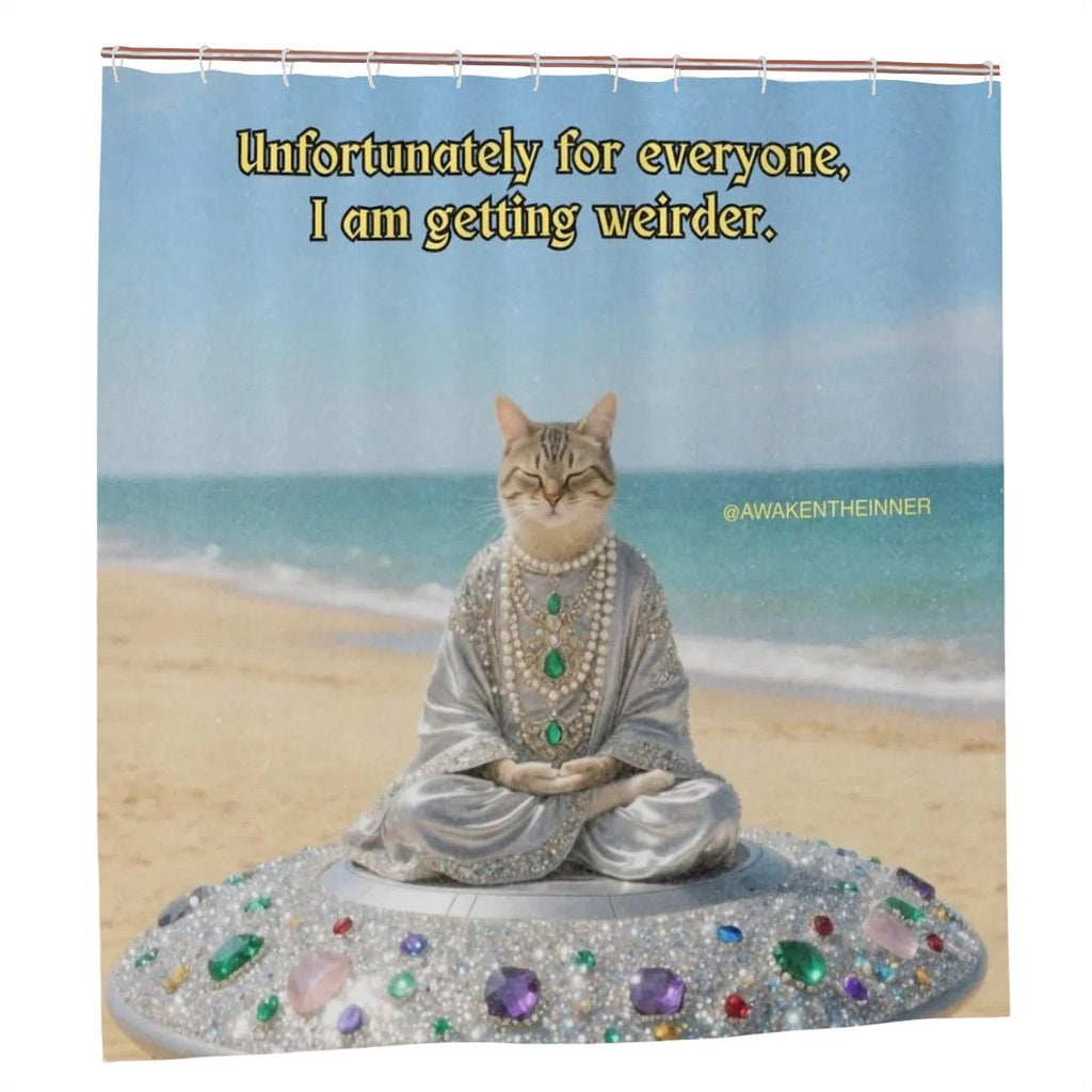 Meditating cat on beach shower curtain, sandy beach bathroom decor featuring a tranquil feline scene in vibrant colors