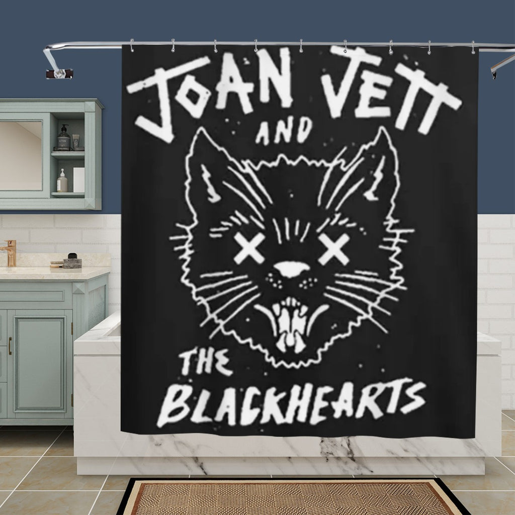 Sandy Beach rock band shower curtain with vibrant musical graphics, ideal for bathroom decor and adding a bold, artistic touch.