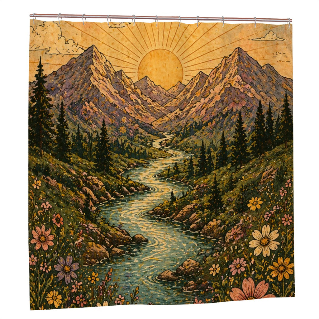 Sandy Beach bathroom decor shower curtain with ocean and beach scene, hanging in a modern bathroom setting.