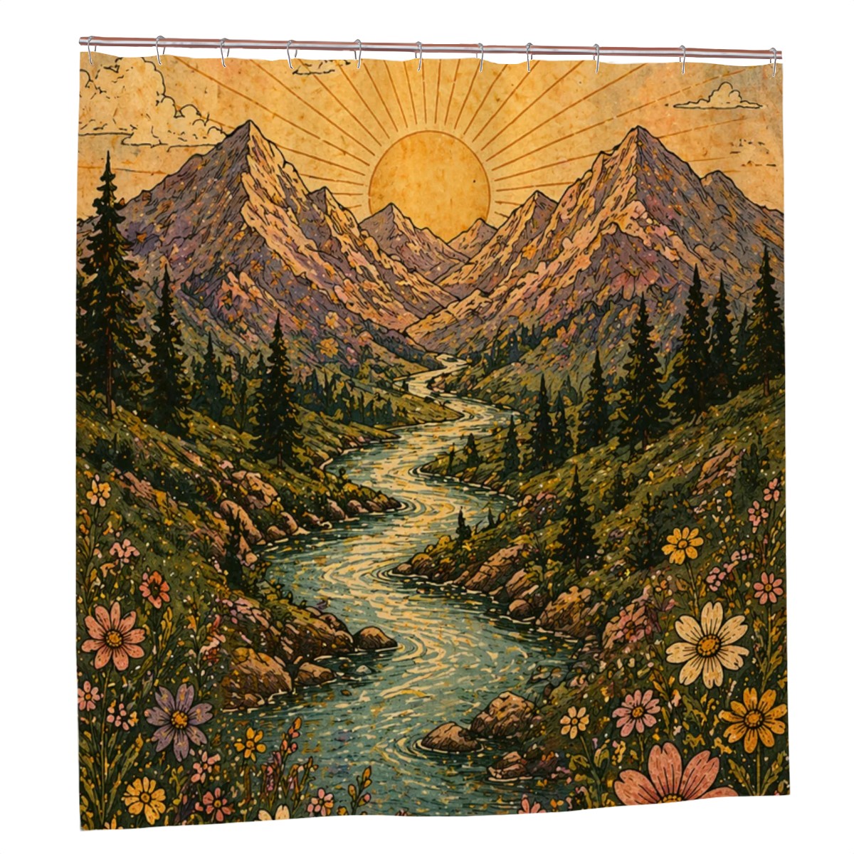 Sandy Beach bathroom decor shower curtain with ocean and beach scene, hanging in a modern bathroom setting.