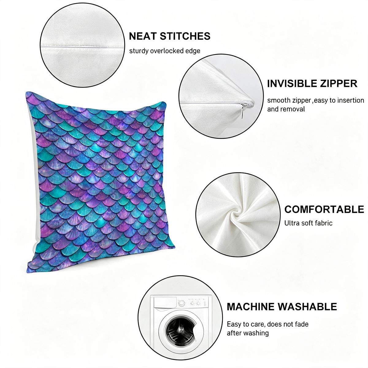 Mermaid scale pattern decorative throw pillow with invisible zipper and soft fabric.