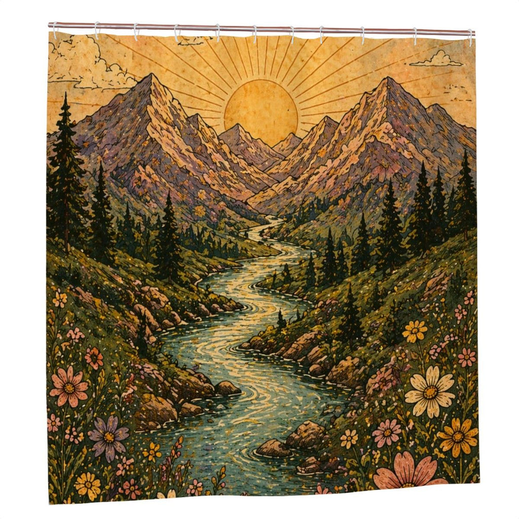Sandy Beach bathroom decor shower curtain with ocean wave and sandy shoreline design, hanging in a modern bathroom setting