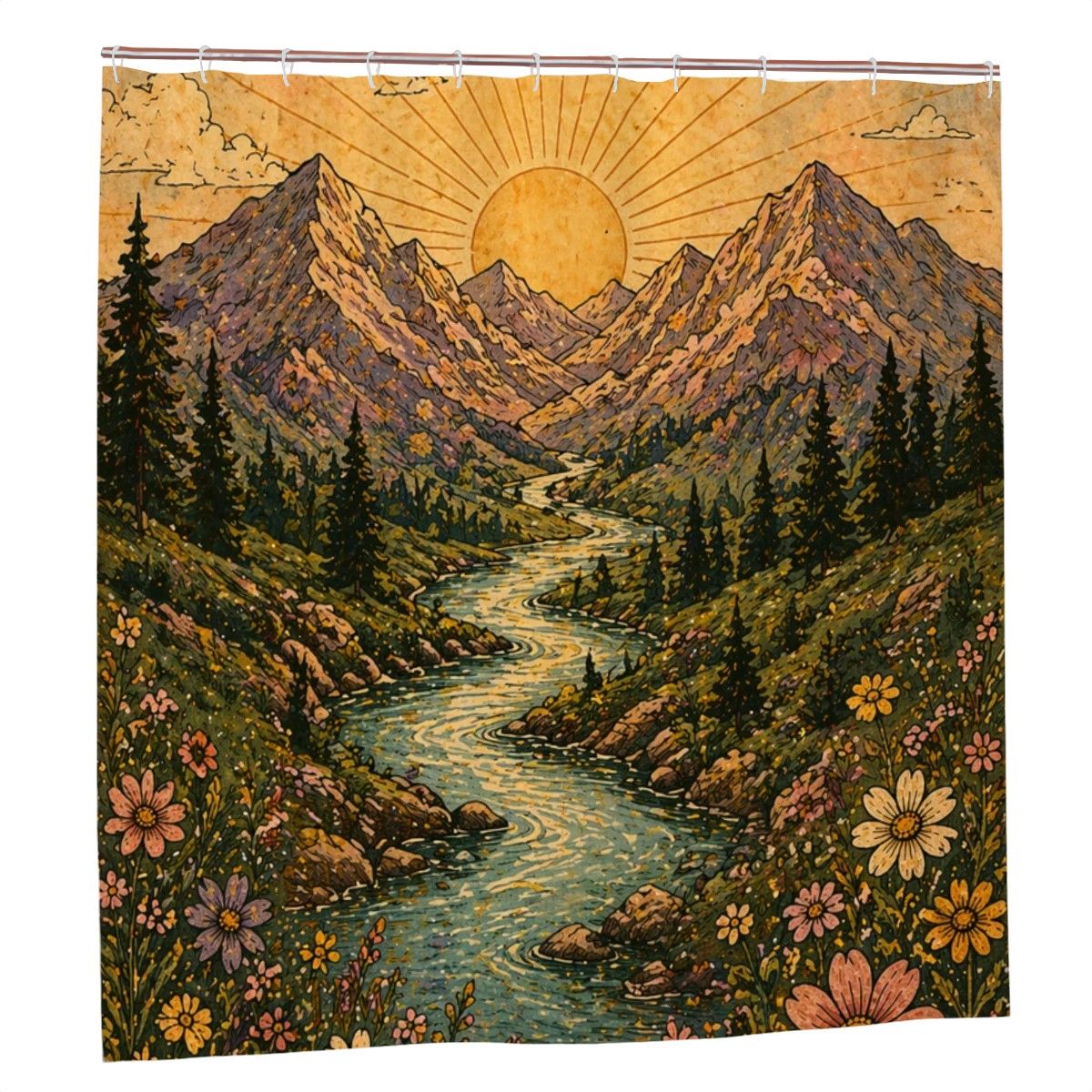 Sandy Beach bathroom decor shower curtain with ocean wave and sandy shoreline design, hanging in a modern bathroom setting
