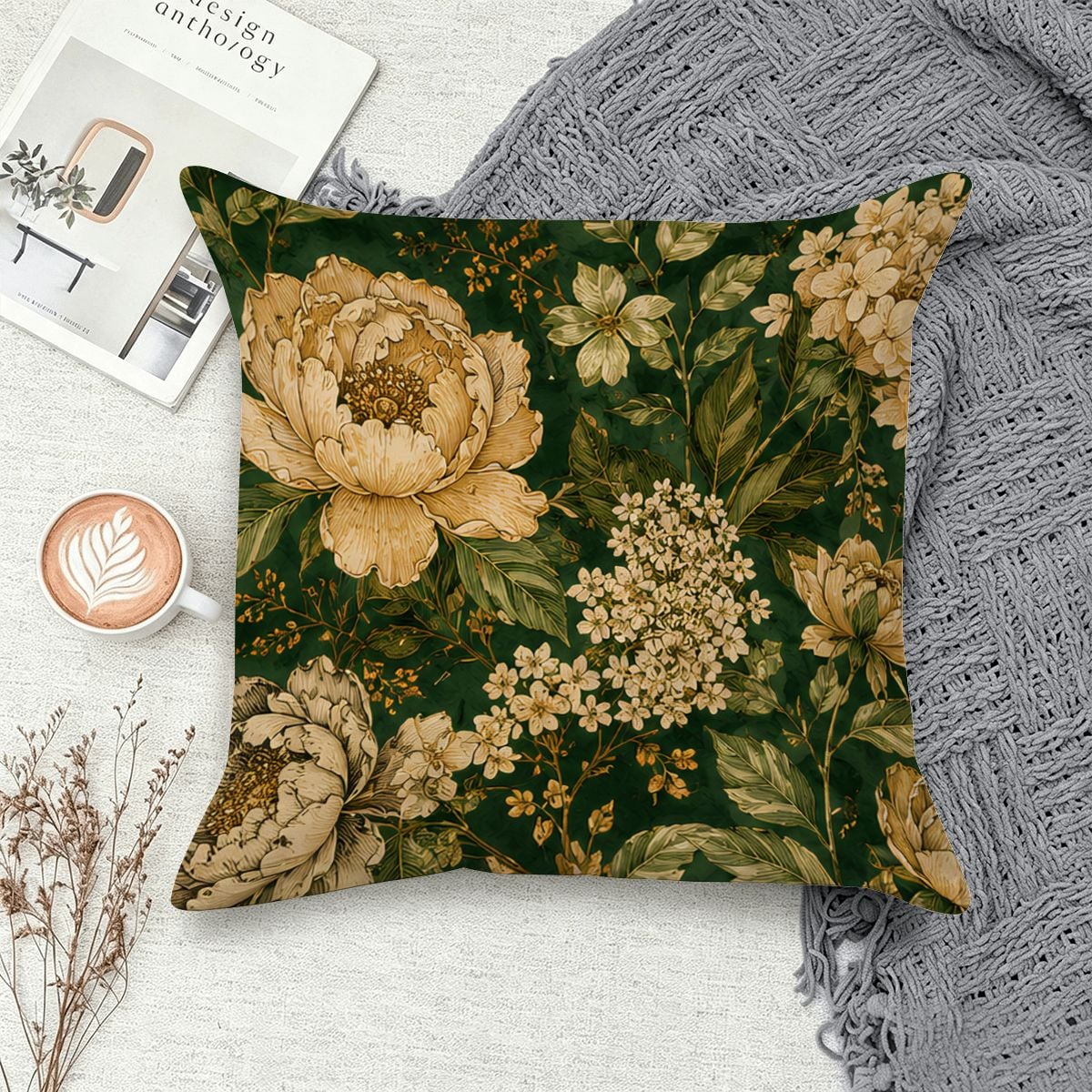 Decorative throw pillow with vintage beige floral pattern on a dark green background.