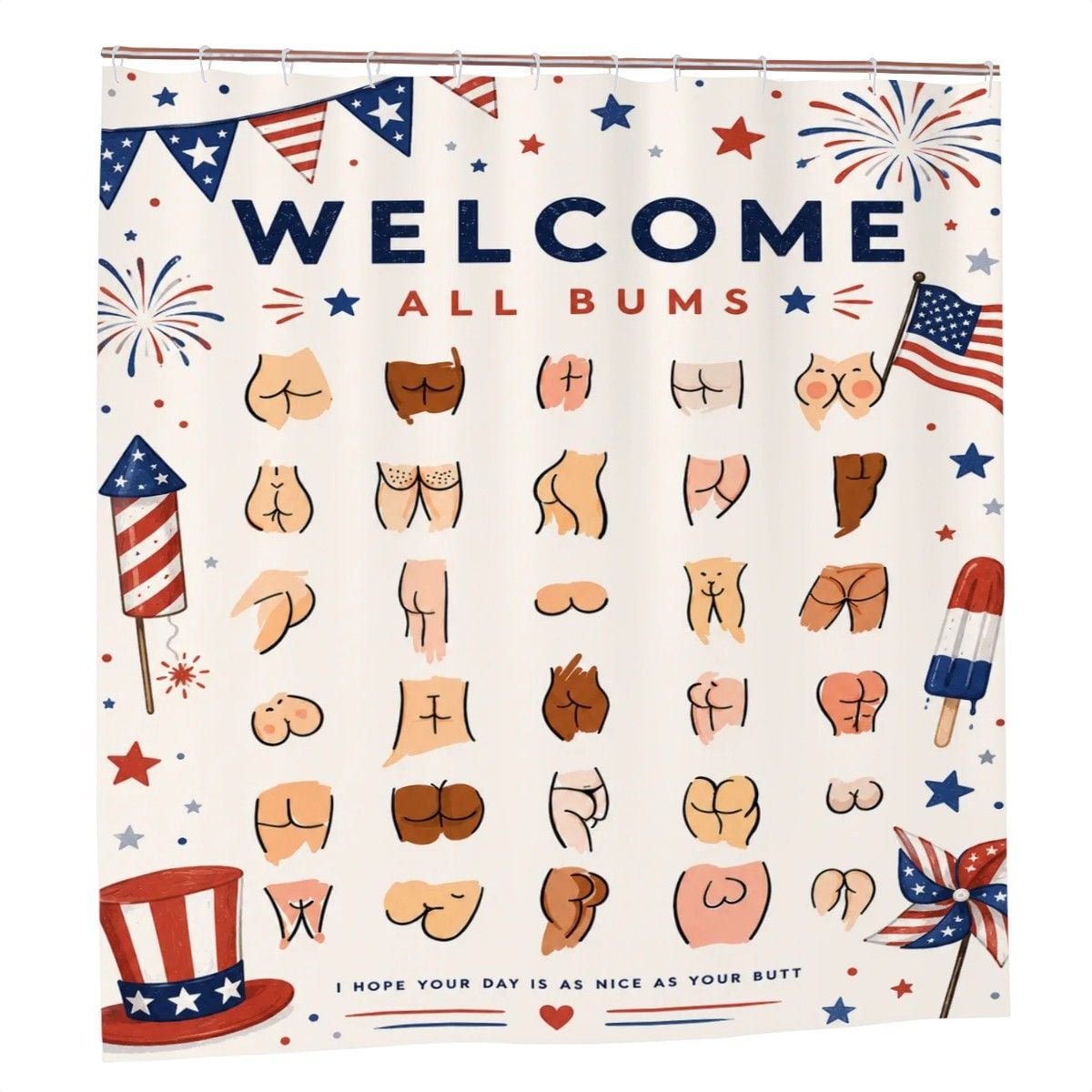 Funny Bum Print Shower Curtain – Seasonal Holiday Novelty Bathroom Decor Gag Gift