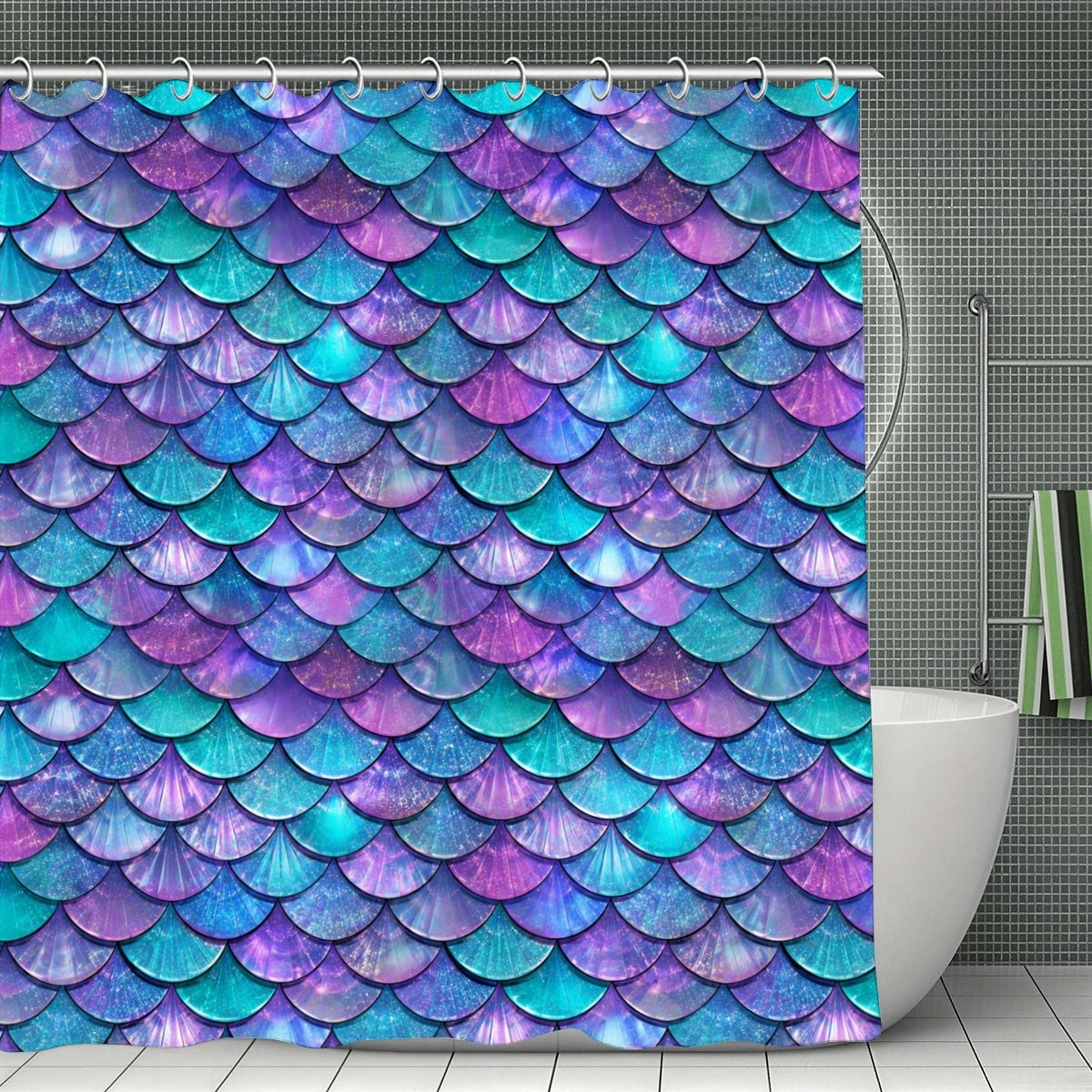 Mermaid Scales Shower Curtain | Iridescent Teal & Purple Bathroom Decor