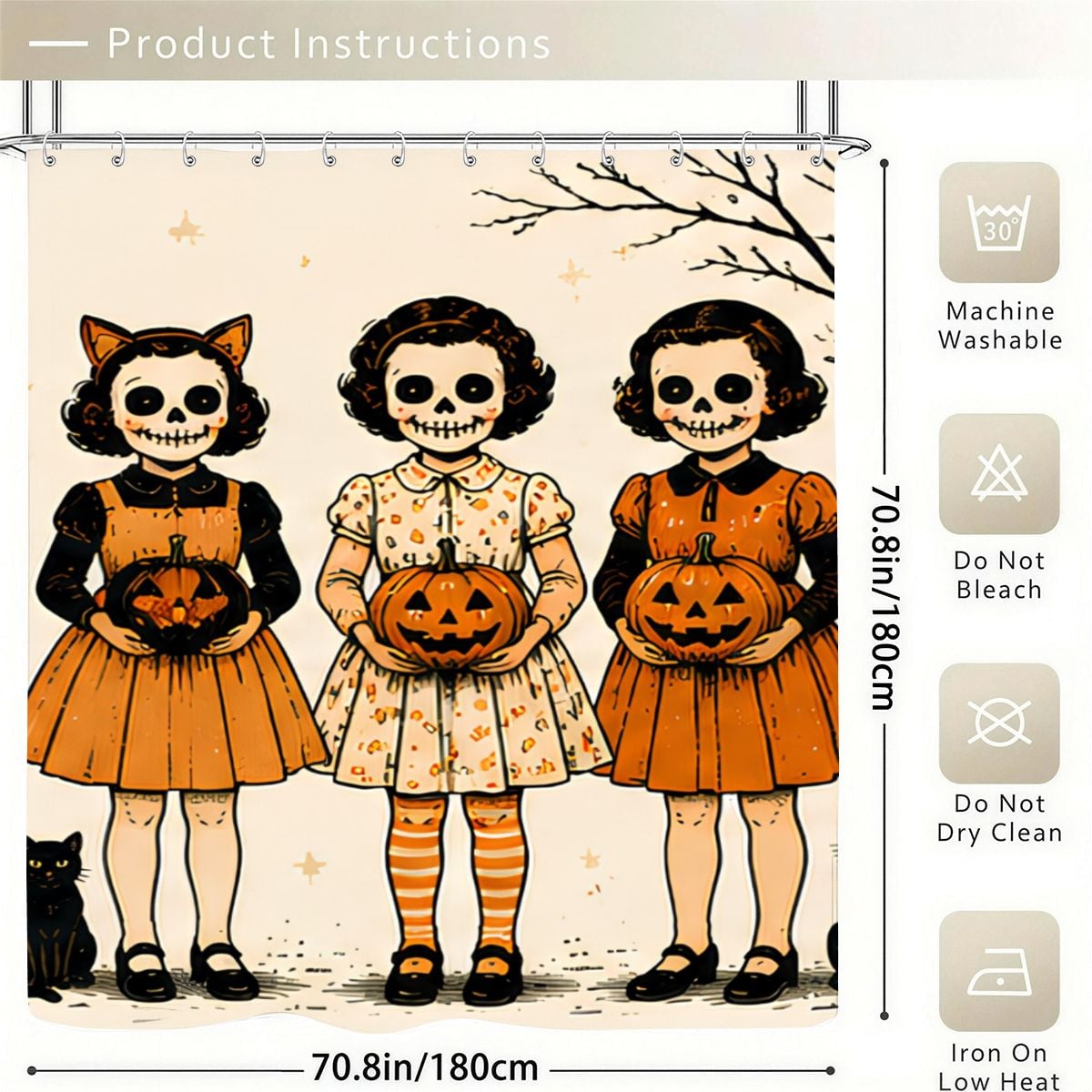Halloween shower curtain featuring three spooky skeleton girls holding jack-o'-lanterns.
