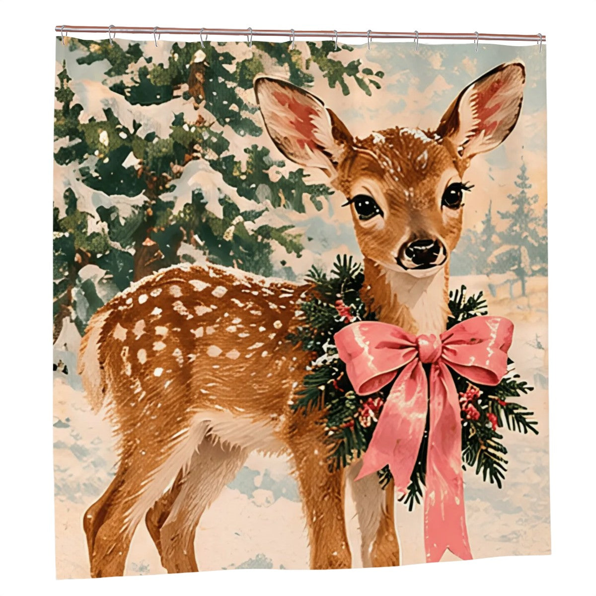 Woodland Deer Christmas Shower Curtain | Fawn with Pink Bow
