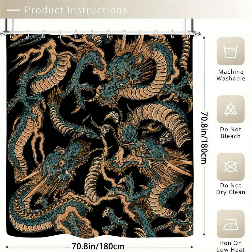 Black shower curtain featuring intricate gold and teal oriental dragon patterns.